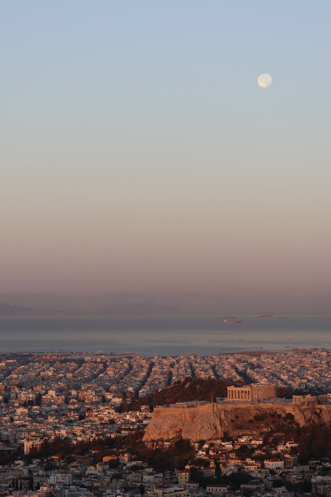 Sunrise over the Acropolis of Athens.
